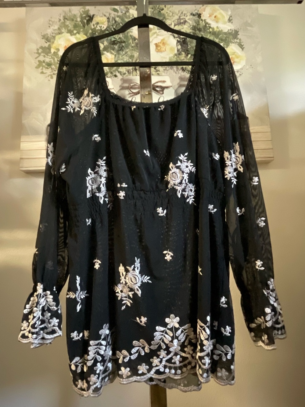 Seven 7 Black and White Embroidered Long-Sleeve Sheer Blouse - Floral Detail